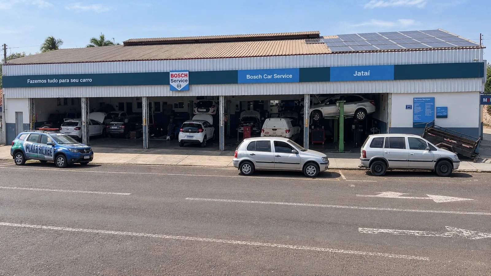 Fachada da Jataí Auto Center com a identificação Bosch Car Service, na Rua Riachuelo